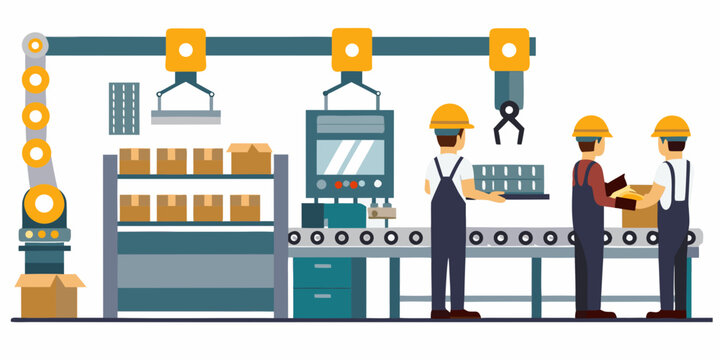 Factory workers on assembly line flat vector illustration with white background