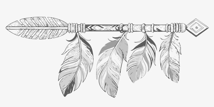 Tribal arrow with feathers hand drawn sketch style