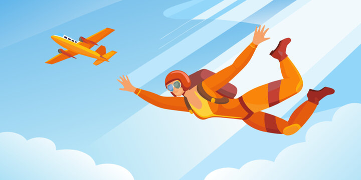 skydiving illustration with airplane vector graphics in blue and orange