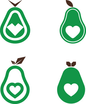 Set of flat green avocado icons with heart-shaped pits, symbolizing healthy food, organic lifestyle, and love for vegan nutrition.