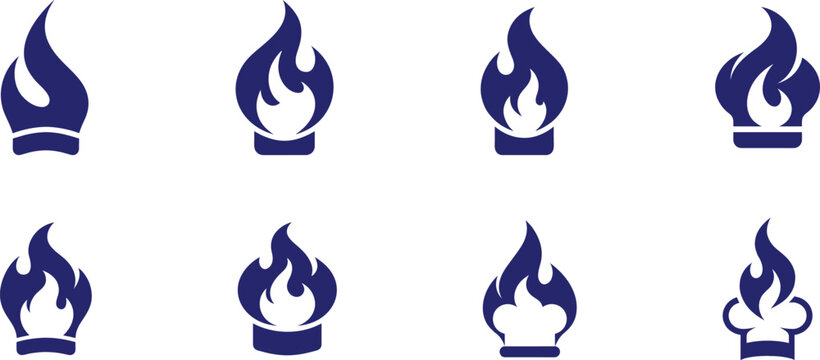 Set of flat vector icons combining a chef hat and fire flame, symbolizing hot food, spicy cuisine, and professional restaurant cooking.