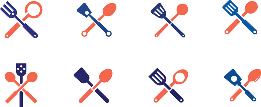 Set of minimalist vector icons featuring crossed cooking spatulas and spoons in a blue and orange color scheme, ideal for kitchenware and restaurant branding.
