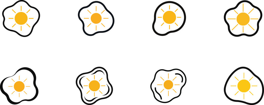 Set of creative fried egg icons combining a yellow yolk with sun rays, symbolizing a fresh morning breakfast and sunny side up cooking.