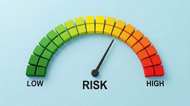 ​A colorful wooden block risk meter gauge on a light blue background with a needle pointing to medium risk.