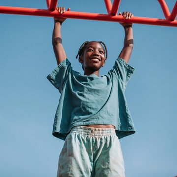 Girl smiling while hanging from red monkey bars at playground