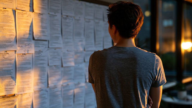 Startup post-mortem wall: printed customer complaint emails pinned in rows, hand-annotated with root cause circles, a lone founder studying them in an empty office, golden hour striking the wall dra