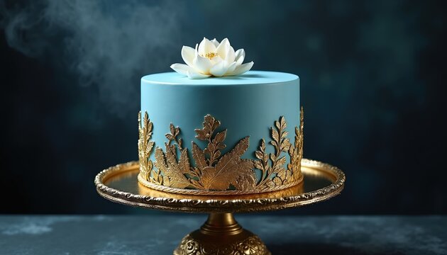 Elegant blue cake topped with white lotus flower sits on gold stand. Intricate gold leaves adorn cake base. Perfect for luxury weddings, birthdays, or special events.
