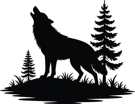 Black silhouette of a wolf howling at trees on a hill