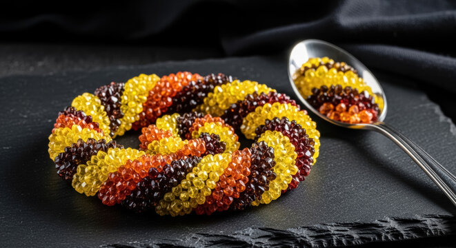 Fish roe arranged in an elegant spiral pattern sits on a dark stone slab next to a silver serving spoon.