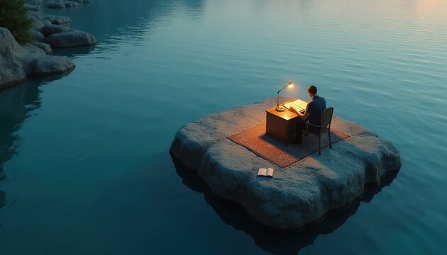 Man writes at desk on rock island in calm blue water. Lamp illuminates workspace. Solitary writer finds inspiration for new book in peaceful nature.