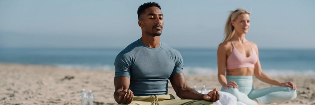 Man and woman meditating together facing ocean on beach