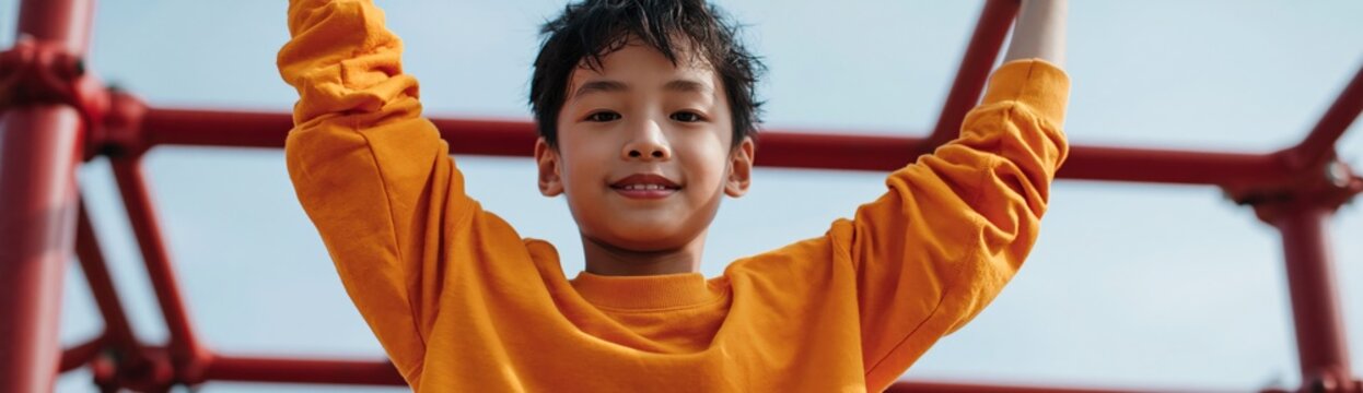 Young boy raising arms on red playground monkey bars outdoors