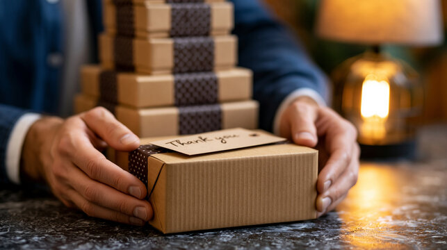 Close-up of a bootstrapped founder's hands sealing a plain brown shipping box by lamplight, a stack of identical boxes behind them, a handwritten thank-you card resting on top, perfect for small bus
