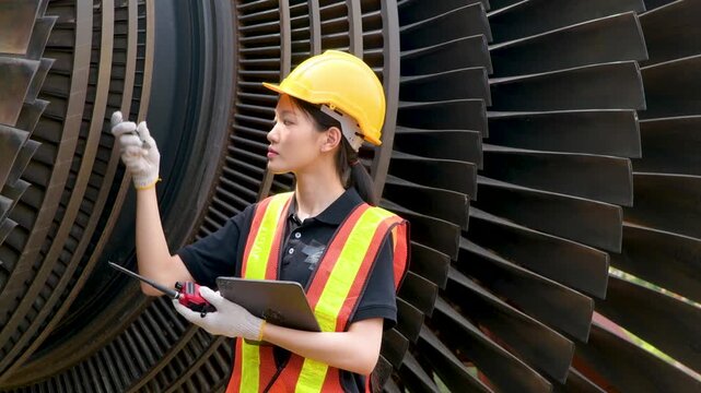 Trainee Gen Z Asian female mechanical engineer inspects steam turbine blade of electricity generator power plant, using walkie-talkie, tablet, safety gear, quality control, modern industrial workplace