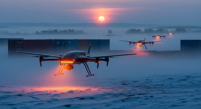 Military Drones with Orange Lights Flying in Formation Over a Misty Landscape at Sunset