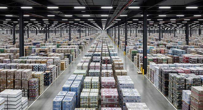 Massive Warehouse Interior with Rows of Storage Shelves Filled with Boxes and Pallets, Logistics