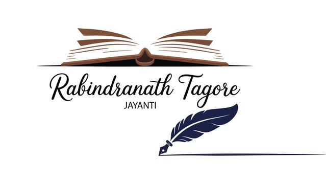 rabindranath tagore jayanti illustration with open book and feather quill pen, elegant literary tribute design in modern minimal style