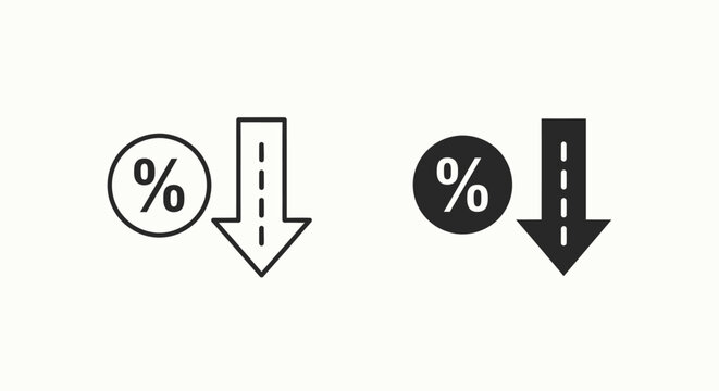 Percentage decrease icon set showing financial discount rate reduction trend symbol with arrow illustration for business data analysis charts on simple background.
