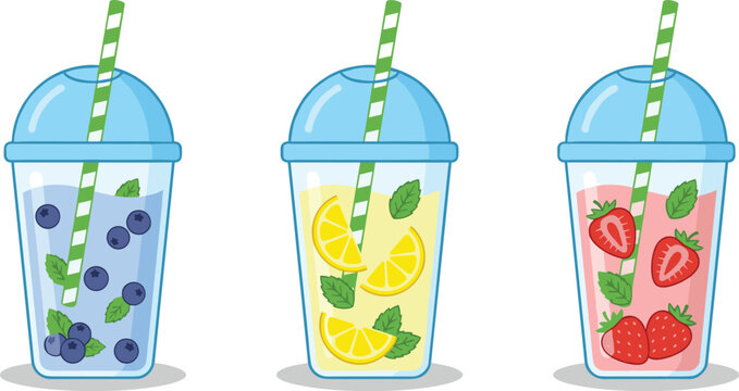 Fresh fruit smoothies set with blueberry lemon and strawberry drinks in plastic cups flat vector illustration design