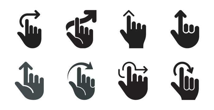 Hand gestures icons for touch screen, swipe and scroll actions.