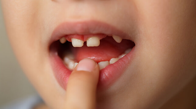 Child show open mouth with missing front tooth, finger inside mouth, close-up view. Oral hygiene, dental care, childhood development, tooth loss concept