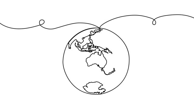 Continuous one line globe earth art world sustainable education outline. Earth globe tree science leaf environment drawing health book illustration planet doodle history student day school college big