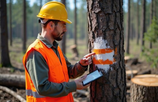 Forester with tablet checks marked tree in woods. Worker wears safety helmet orange vest. Examines trunk forest management job. Landscape shows felled wood stumps.