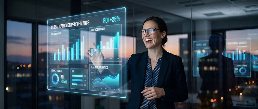 Businesswoman Using Futuristic Holographic Marketing Analytics Dashboard