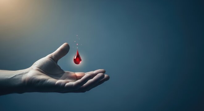 A single luminous blood drop hovers above an open hand, conceptually depicting low arterial pressure, a serious medical condition of hypotension, critical for health