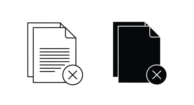 Document file icons with cancel delete cross mark in outline and solid styles representing file removal and paperwork rejection on plain white background.