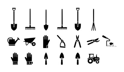 Minimal gardening tools silhouette vector set with farm equipment shovel rake spade icons © SHAHADAT