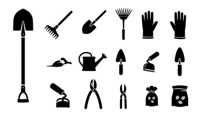 Farm gardening equipment icon vector set with shovel rake spade black silhouette design © SHAHADAT