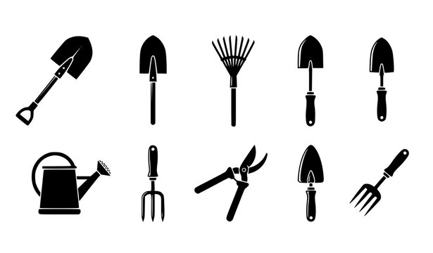 Gardening tools vector icon set black silhouette shovel rake spade farm equipment illustration