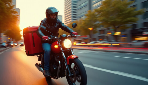 Man on motorbike delivers food in city at dusk. He speeds through traffic with a red delivery box on his back. The sun sets behind buildings.