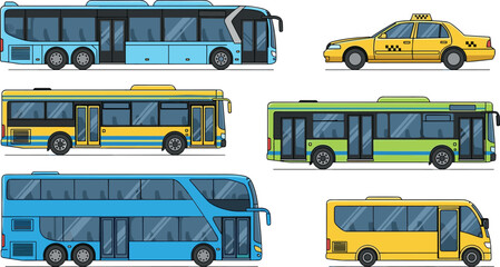 Public Transportation Vehicles Set Including City Buses Coach Bus Double Decker Taxi Cab and Urban Transit Transport Vector Collection © Lunavera art