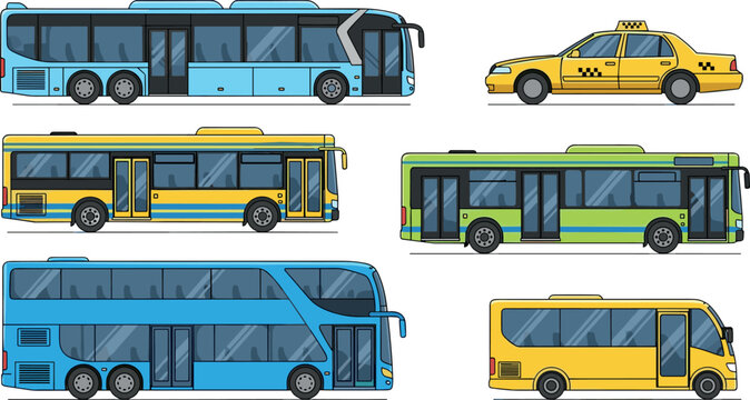 Public Transportation Vehicles Set Including City Buses Coach Bus Double Decker Taxi Cab and Urban Transit Transport Vector Collection