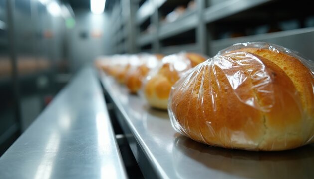 Bread loaves move along automated packaging line, wrapped in clear plastic film. Baking industry production, automated food processing, fresh baked goods ready for sale.