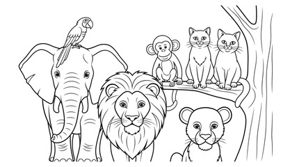 Animals including a large elephant, a majestic lion, and a curious monkey sit together in a lush forest setting in this detailed black and white illustration created for artistic coloring books. © Masuk Sat