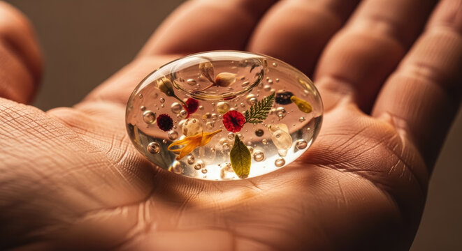 Resin paperweight containing delicate pressed wildflowers rests gently in the palm of a human hand.