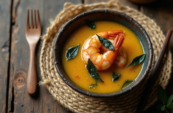 Bowl of Tacaca soup with shrimp and jambu leaves. Traditional Amazonian cuisine, served hot on rustic wooden table. Perfect for food blogs and cultural features.