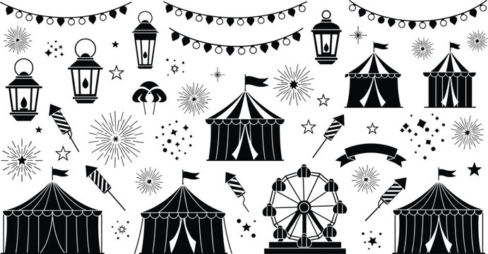 Circus and Festival Elements Collection Featuring Tents, Lanterns, Ferris Wheel, Fireworks, and Banners in Black Silhouette Style