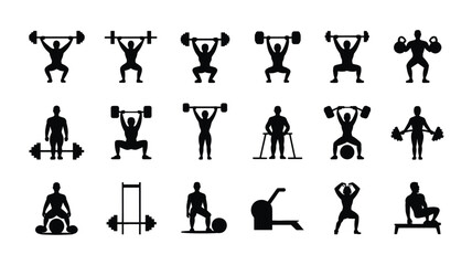 Obraz premium Set of 18 Black Gym Workout and Weightlifting Icons Vector