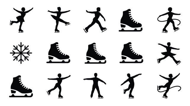 Set of 15 black ice skating vector icons with figures and skates