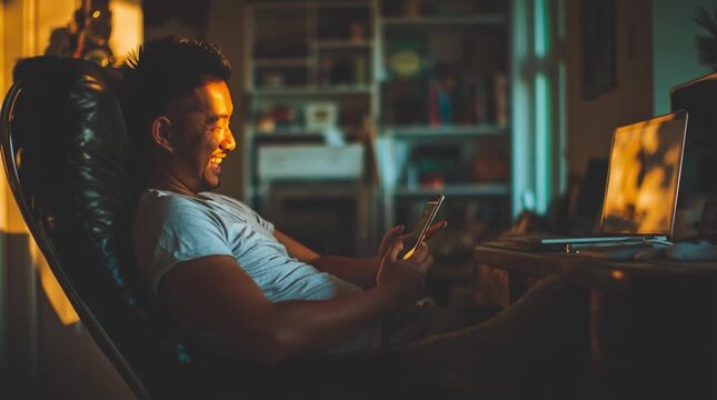 横構図で捉えたスマートフォン音声制作に取り組む20代日本人男性の副業クリエイター動画