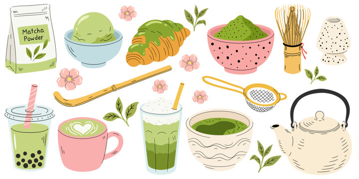 Cartoon set of matcha green tea. Fresh drink, ceramic cup, teapot, brewing pot. Hand drawn vector doodles depicting traditional Japanese tea ceremony