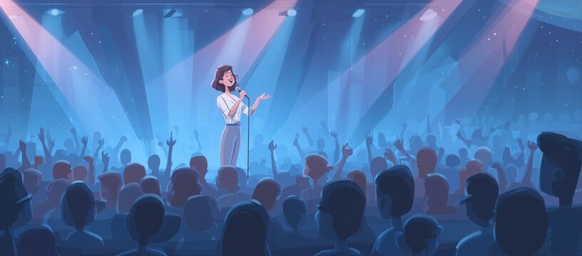 A female stand-up comedy artist performing on stage in front of an audience, flat illustration style.