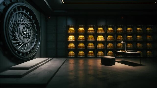 Bank Vault Interior with Gold Bars &mdash; Secure Underground Treasury Room with Heavy Steel Door and Illuminated Shelves