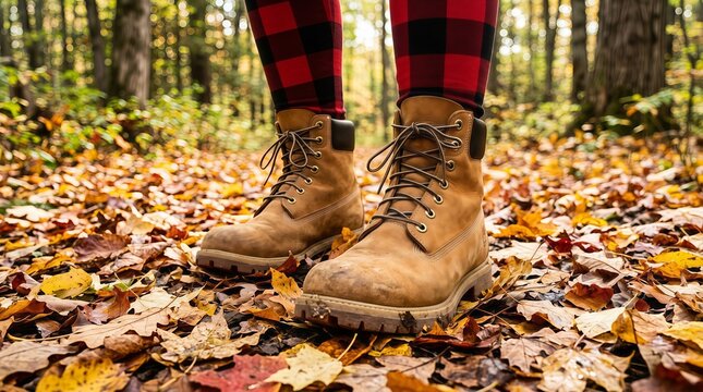 Person wearing buffalo plaid leggings and hiking boots in autumn forest