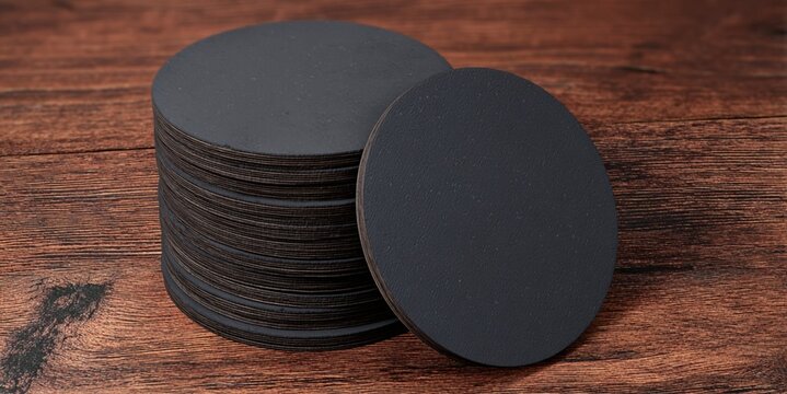 Black round beer coaster stack on rustic wood table - minimalist blank beermat mockup for bar branding and product presentation