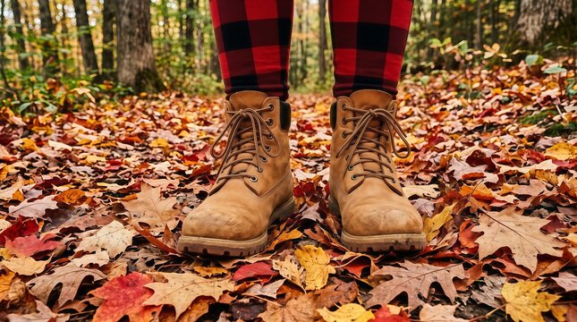 Person wearing hiking boots and buffalo plaid leggings in autumn leaves